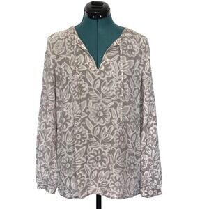 Pure Jill Blouse Womens Small Taupe Cream Floral Print Long Sleeve Tunic Top